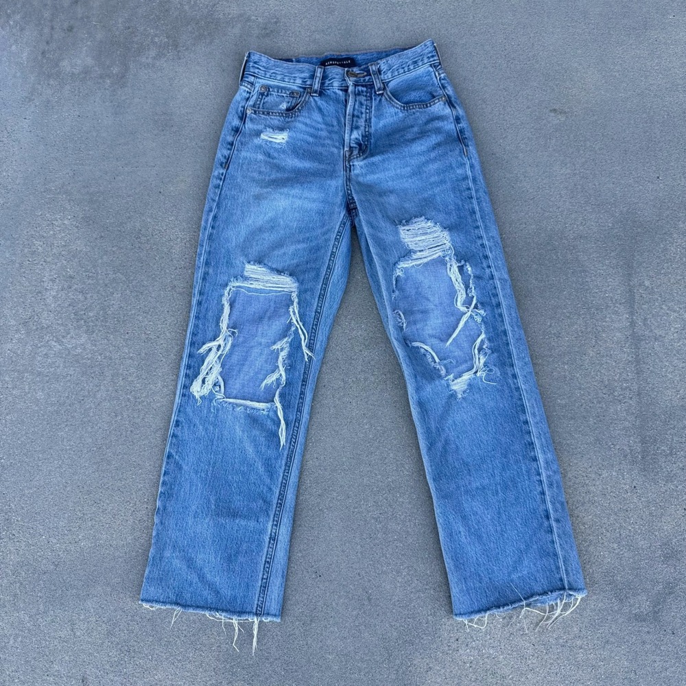 Aeropostale 90s Baggy High Waisted Distressed Jeans Blue Size 0 Button Fly